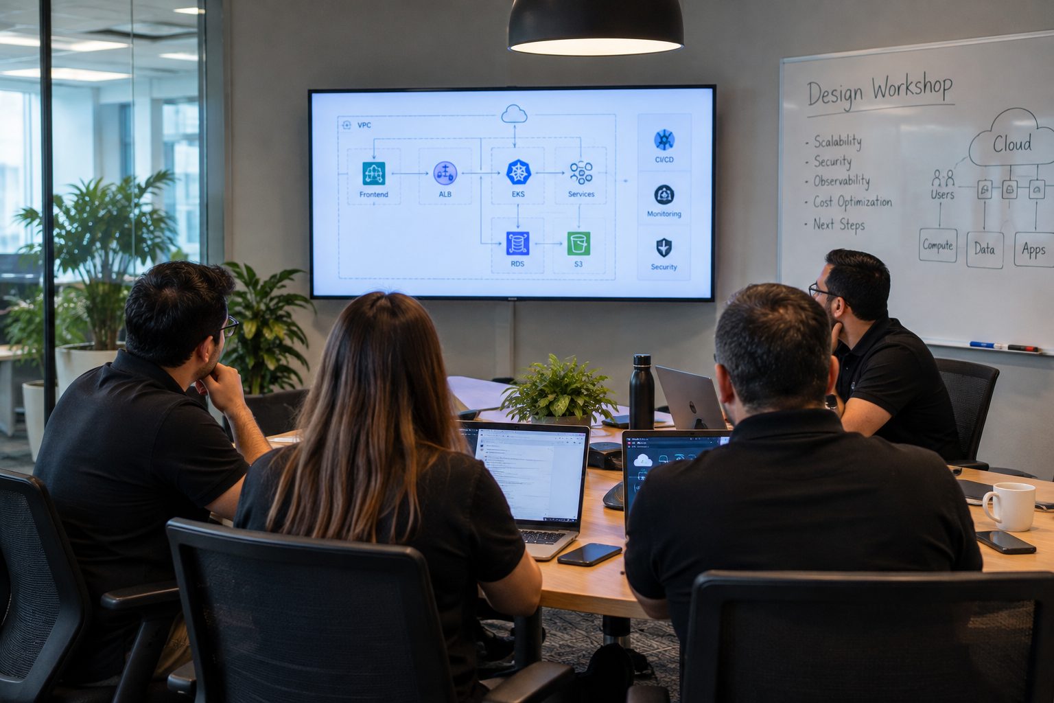 Cogent cloud engineers at a design workshop with architecture on screen