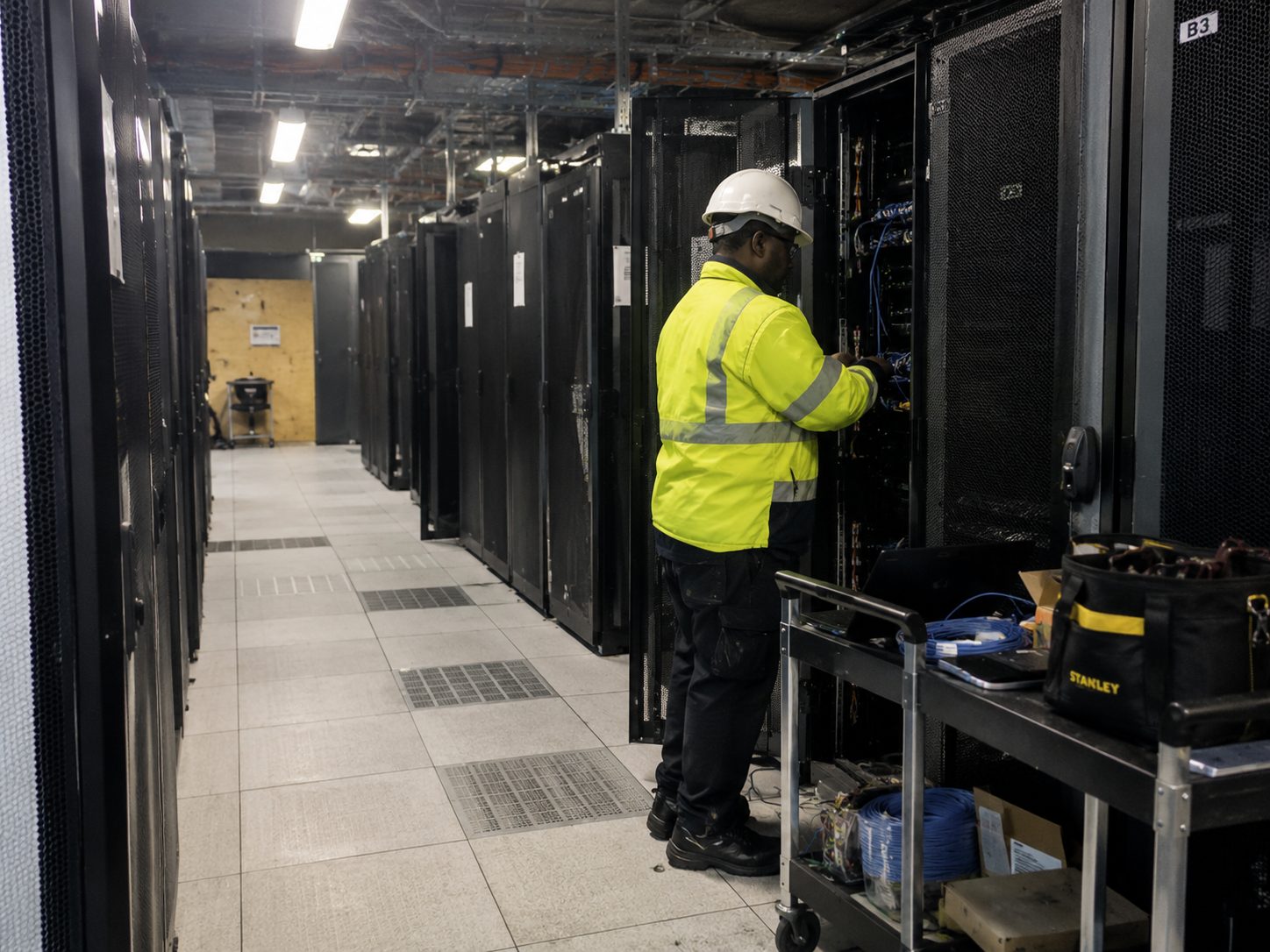 data centre hall, cold aisle with racks being built