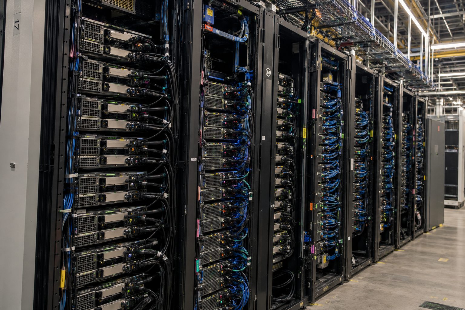 GPU racks in a live hall, high-density row
