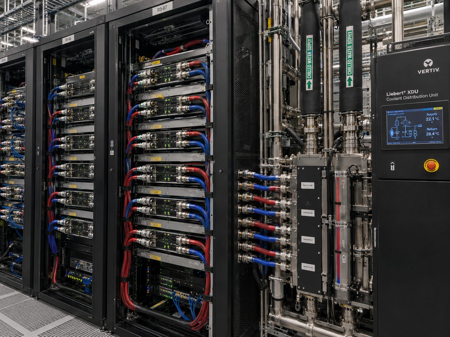 Liquid-cooled rack, manifold and CDU detail