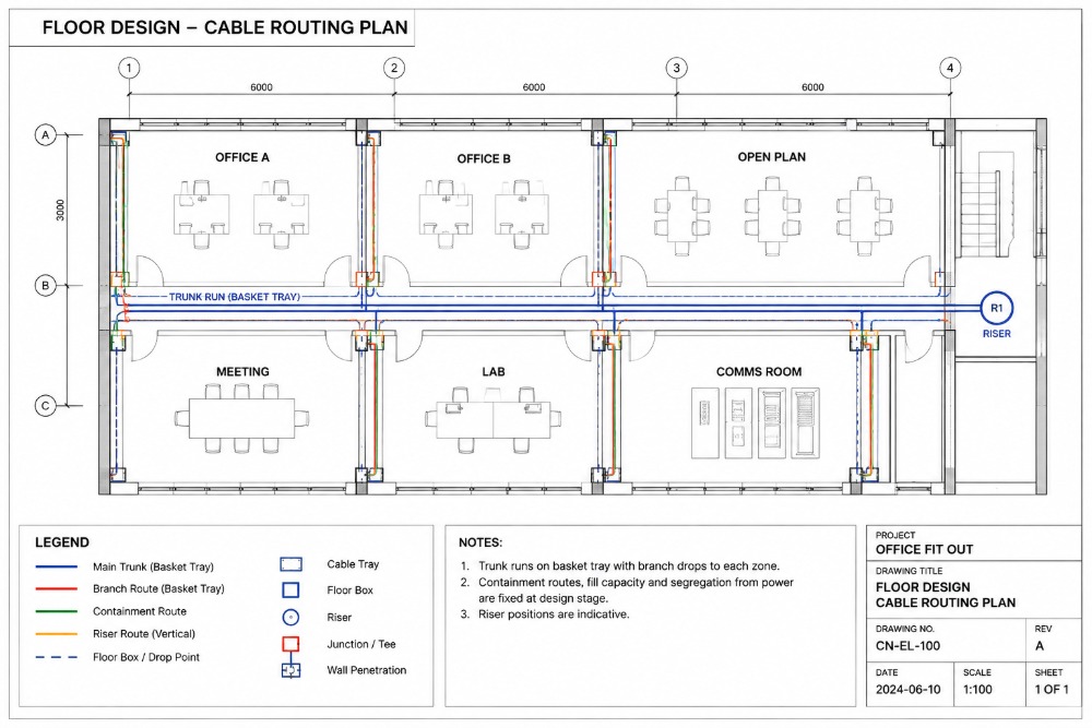Floor design cable routing plan: main trunk on basket tray, branch routes, containment and riser routes with floor boxes and wall penetrations across offices, open plan, meeting, lab and comms room