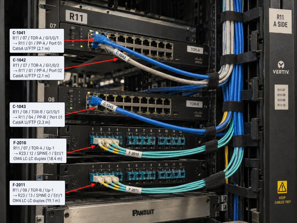 Rack R11 A side as installed: cables C-1041, C-1042 and C-1043 labelled and patched from TOR-A and TOR-B to patch panels PP-A and PP-B, and fibre F-2010 and F-2011 running to the spine switches, each label matching its port map row