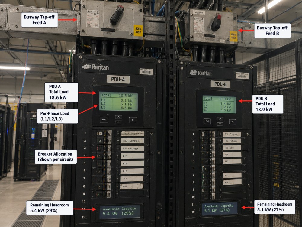 Annotated row-end PDU pair: busway tap-off feed A and feed B at 400A 415V, PDU A total load 18.6 kW and PDU B 18.9 kW, per-phase load across L1 to L3, breaker allocation per circuit and remaining headroom of 5.4 kW and 5.1 kW