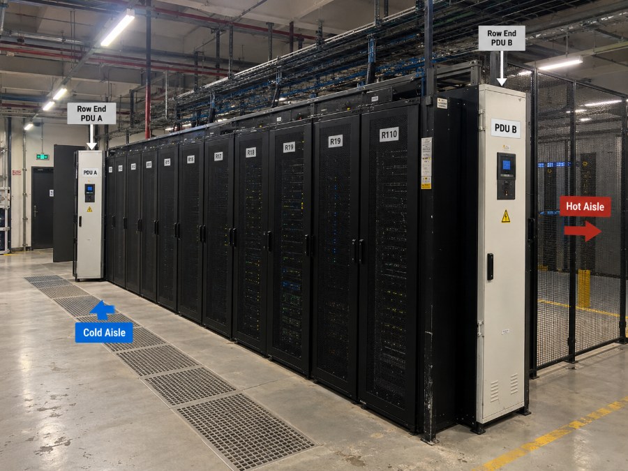 Annotated data hall row: numbered cabinets R11 to R110 with row-end PDU A and PDU B, cold aisle feed from perforated floor tiles and hot aisle discharge