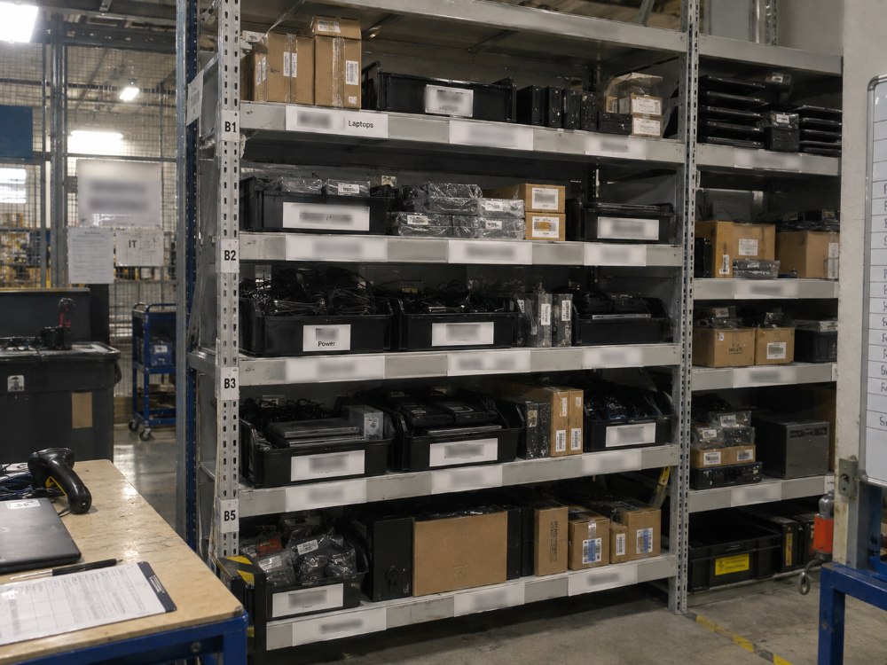 Spares pool in a Cogent logistics hub: bin-located shelving labelled B1 to B5 holding laptops, power supplies, docks and components in labelled totes, with a scanner and job sheet at the pick bench alongside